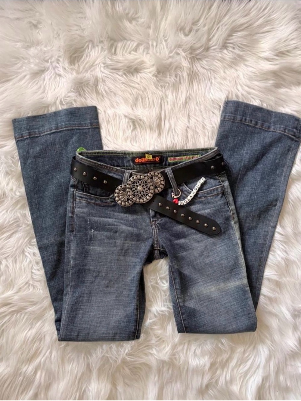 Dollhouse Women's Boot Cut Jeans in Dark Blue with Black Stud Belt